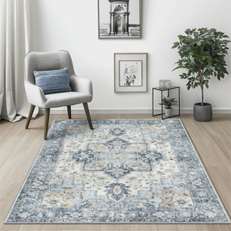 Roehit Machine Washable Oriental  Blue / Ivory Area Rug