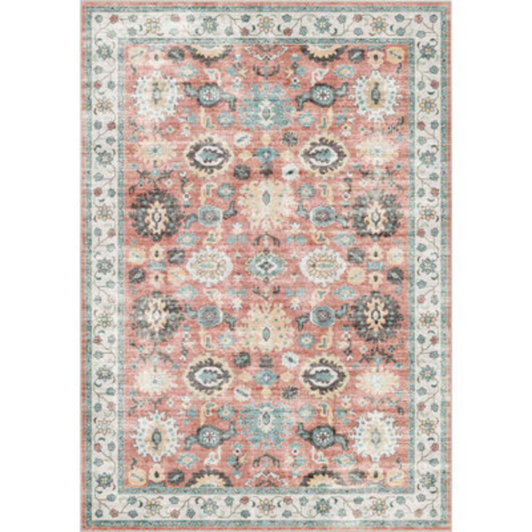 Maloy Oriental Power Loom Polyester Area Rug in Coral