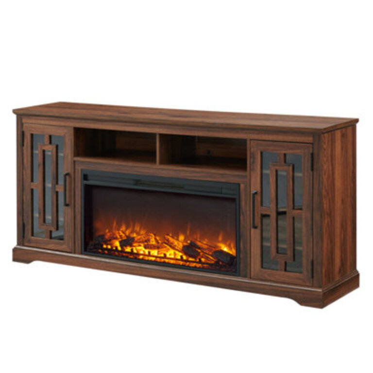 Harishan Farmhouse TV Stand for TVs up to 80" with 36" Electric Fireplace Included, Wood Fireplace TV Stand with Adjustable Shelves