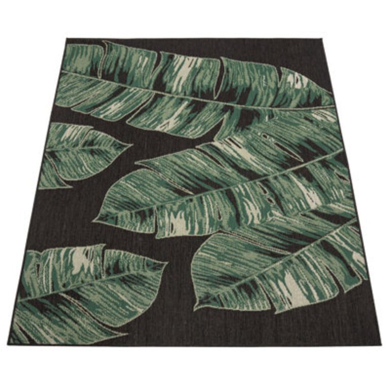 Tropical Rug Jungle Leaf Design For Indoor And Outdoor Flatweave In Black