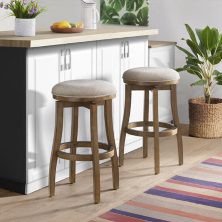 Ellie Upholstered Swivel Bar Stool Chairs with Padded Seat and Back, Rubberwood Frame with Metal Kick Plate