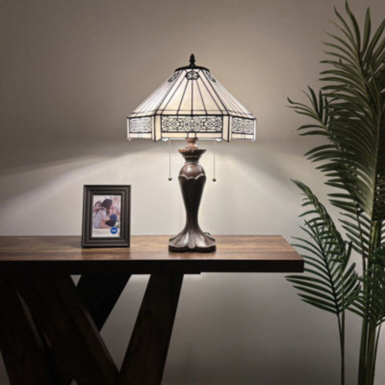 Vergara Tiffany Table Lamp White Stained Glass Hexagon LED Bulbs Included 16'W*16"D*24"H