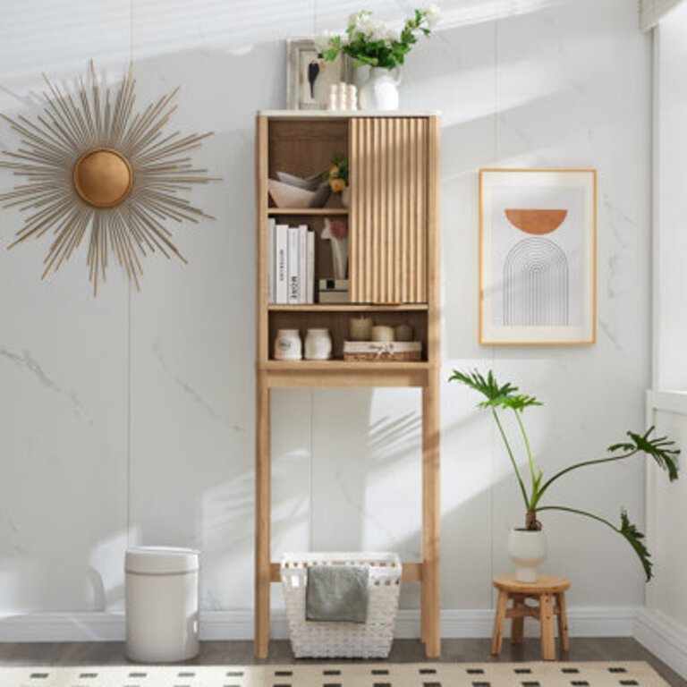 Riccio Freestanding Over The Toilet Storage Cabinet with Sliding Fluted Door Adjustable Shelf