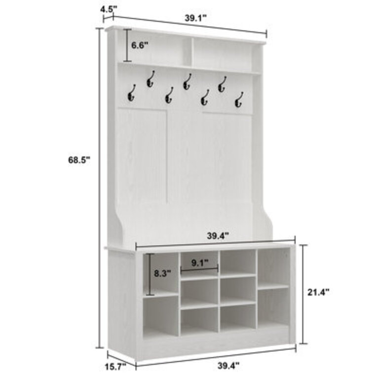Modern Hall Tree With Storage Bench, 39.4" W X 15.7" D X 68.5" H, Wood Finish With 10 Shoe Compartments And 7 Hooks