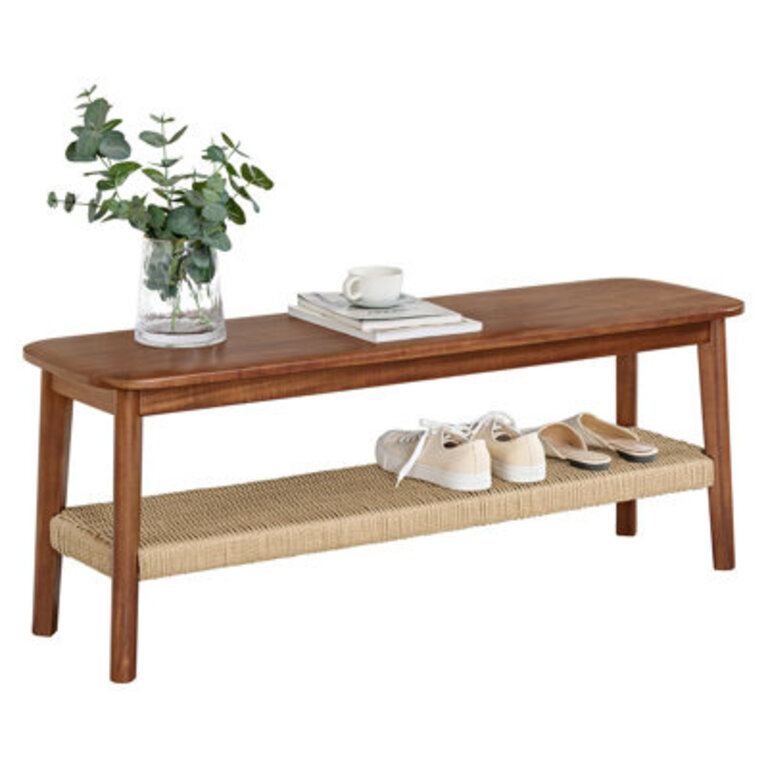 Alisma Bench with Storage Shelf - Calais Collection 48-Inch Entryway Bench - Solid Acacia Wood Mid-Century Modern Bench (Warm Chestnut)