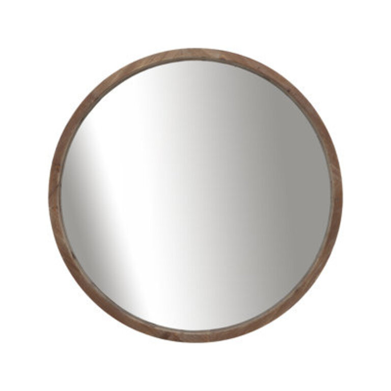 Round Wall Mirror Solid Wood Rustic Frame 32 Inches Natural Finish Decorative Accent for Living Room, Bedroom, Entryway