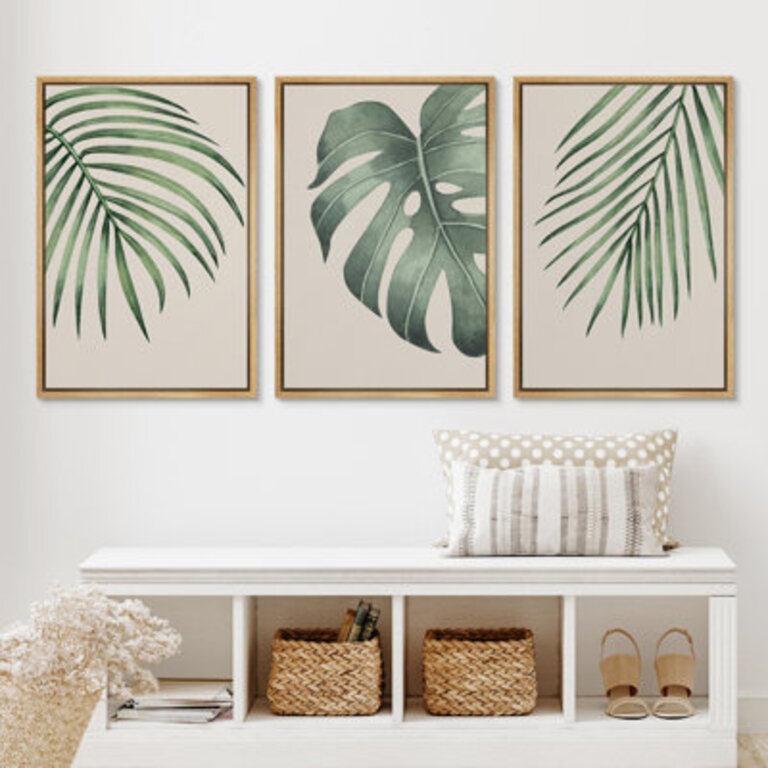 Minimal Botanical Green Tropical Island Monstera Palm Tree Leaves Picture Framed Canvas 3 Piece Print Set Wall Art