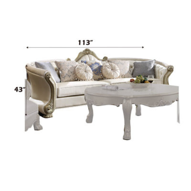 Dresden II Sofa with 7 Pillows in Pearl and Gold Patina