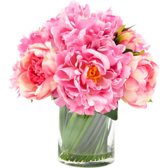 Peonies Arranged in Glass Vase with Grass