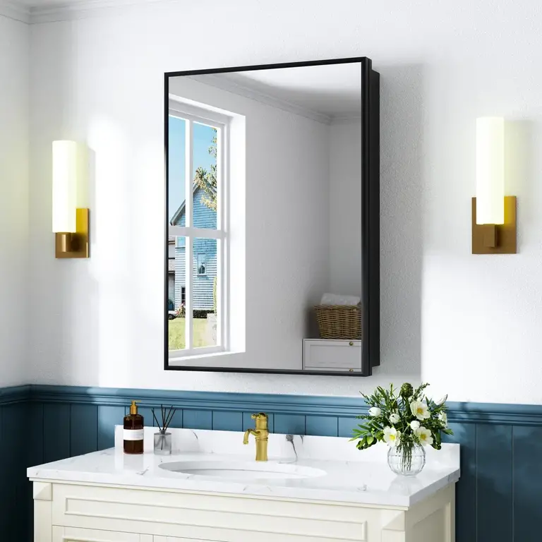 Aluminum Framed Medicine Cabinet with Mirror Recessed Or Surface Mount Bathroom Vanity Cabinet with 3 Adjustable Tempered Glass Shelf Lightweight Large Storage Space Black