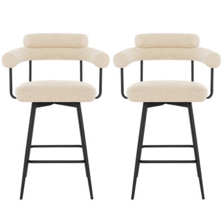 Kiylan Swivel Upholstered 267 SherpaLinen Counter Stool with Curved Wing Back and Metal Frame