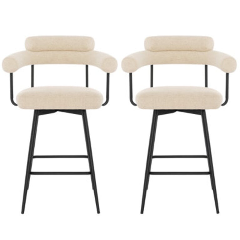 Kiylan Swivel Upholstered 267 SherpaLinen Counter Stool with Curved Wing Back and Metal Frame