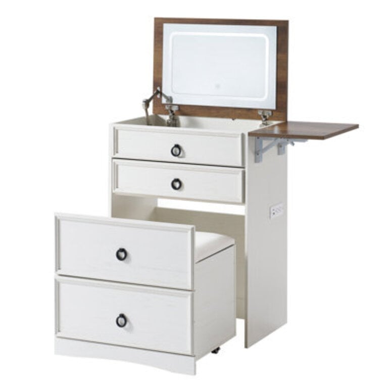 3-in-1 Small Farmhouse Makeup Vanity Sliding Stool Fold-up Panel Divided Storage Power Port  Adjustable LED Light