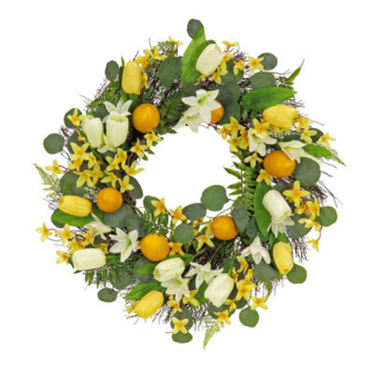 National Tree Company 22 inch Artificial Spring Wreath with Yellow Tulip Blooms Lemons and Forsythia Flower Blossoms Realistic Floral Decoration for Front Door or Indoor Decor