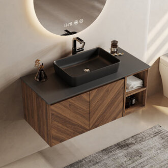 36 Brown Wood  Bathroom Single Vanity Black Ceramic Basin