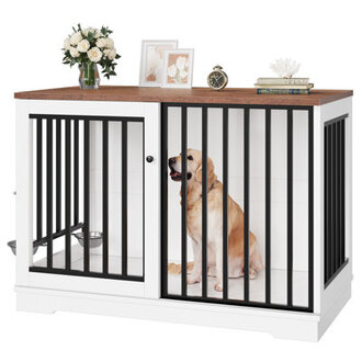 472W Sturdy Large Dog Crate Furniture with 2 Feeding Bowls