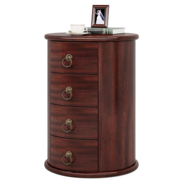 Solid Wood Round Side Table With 4 Drawers