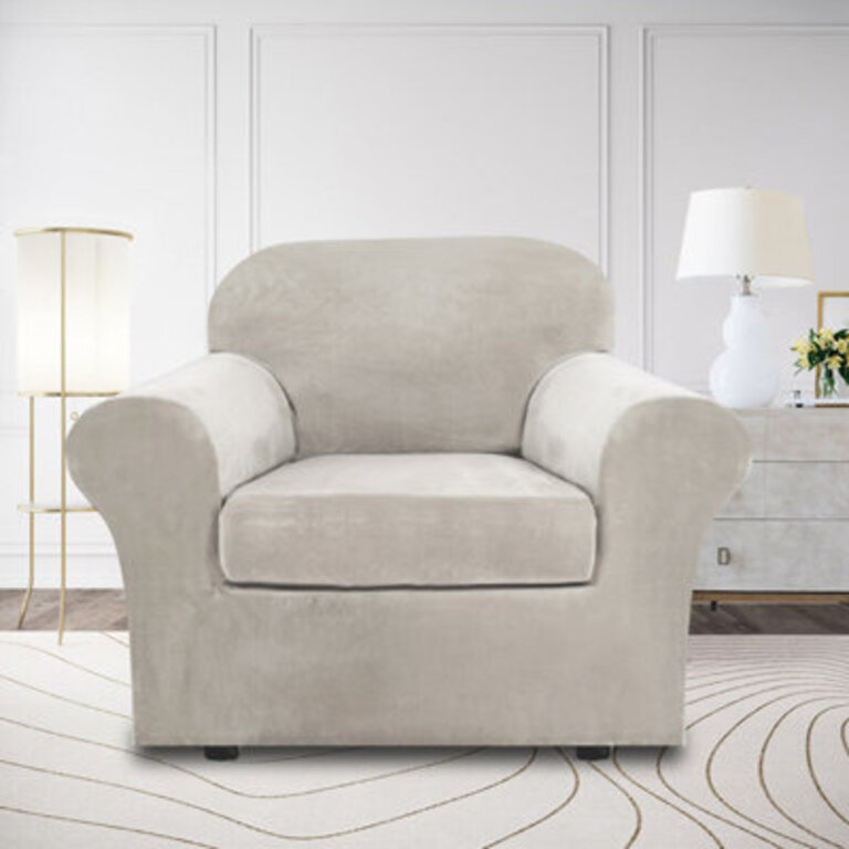 Rich Velvet Stretch 2 Pieces Box Cushion Armchair Slipcover with 1 Cushion Cover Furniture Protector Couch  Machine Washable