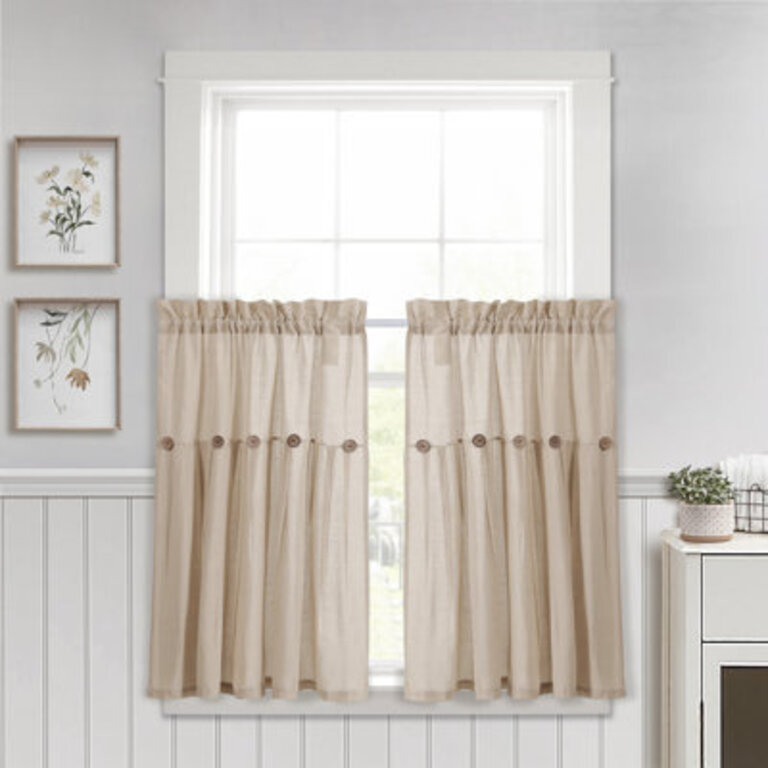 Linen Button Solid Color Cotton Blend Tailored Kitchen Curtain