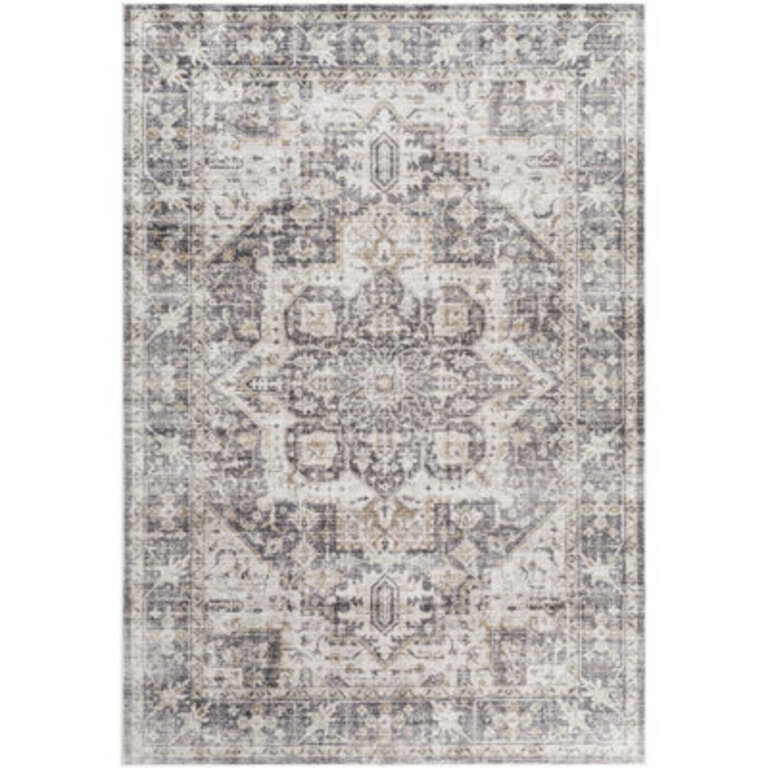 Mittler Oriental Power Loomed Polyester Area Rug in Dark GrayBeige