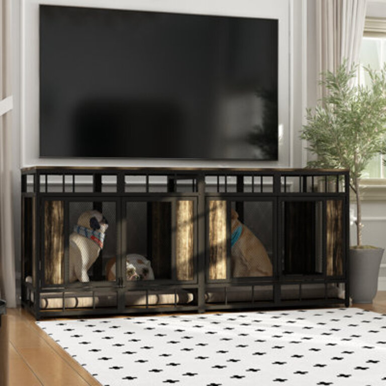 Four Door Large Dog Crate With Iron Frame and Divider