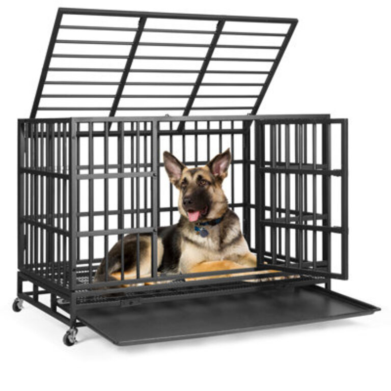 Heavy Duty Indestructible Dog Crate Steel Escape Proof Dog Cage Kennel for High Anxiety Dogs with Lockable Wheels and Removable Tray for Medium Large Dogs