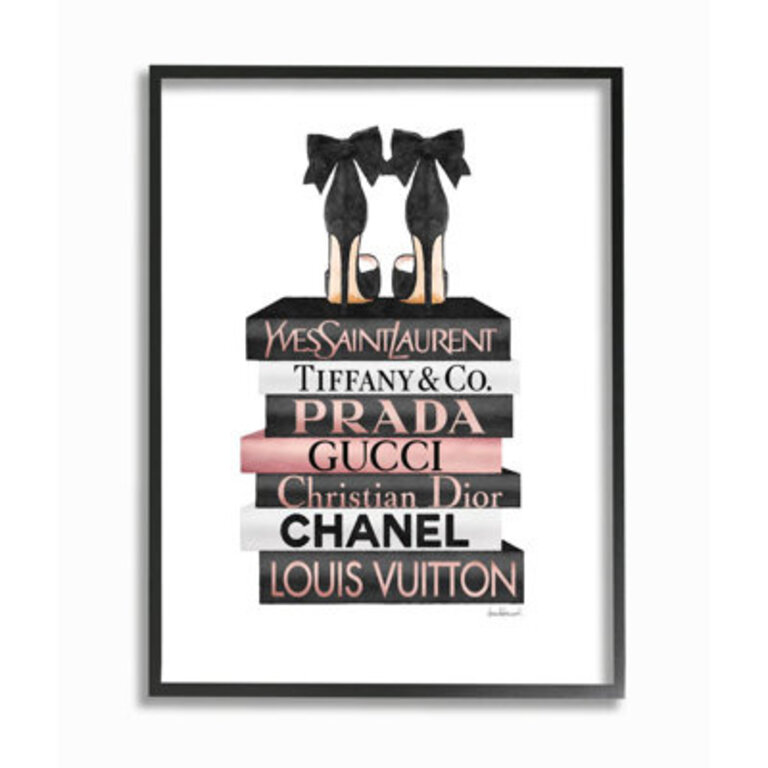 Elegant Black Bow Heals On Glam Designer Bookstack by Amanda Greenwood - Graphic Art Print on Wood