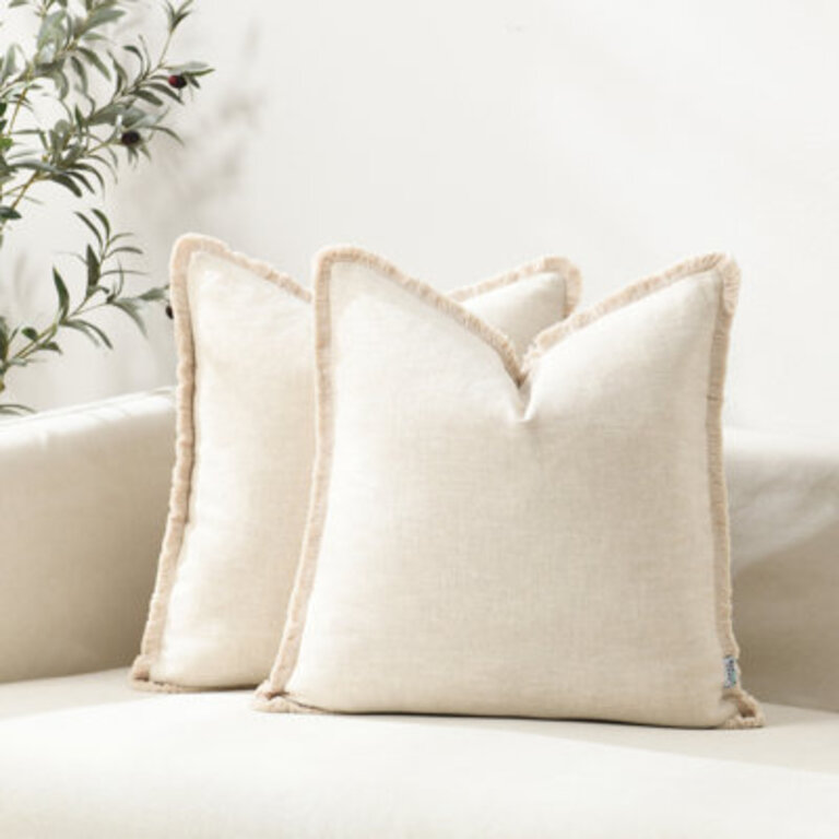 Washed Linen Textured Boho Farmhouse Pillow Cover With Tassels Edge
