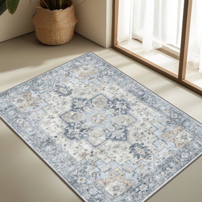 Roehit Oriental Performance Machine Washable Blue  Ivory Area Rug