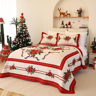 Janaid BeigeRed Microfiber Reversible Quilt Set Christmas Decoration Bedding Set