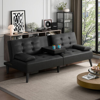 Arjeta Modern Faux Leather Couch Convertible Futon Sofa Bed For Living Room With Armrest  Fold Up  Down Recliner Couch With Cup Holdersblack