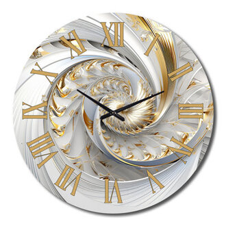 Whirling While Glam Fractals in Gold and White III - Metal Fractals Wall Clock