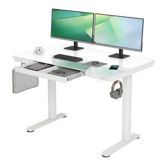 Odbert Tempered Glass Top Height Adjustable Standing Desk Computer Desk with Drawer and USB Charge