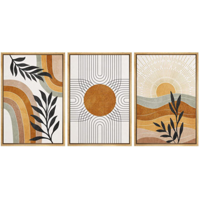 Mid Century Modern Boho Brown Abstract Sun Tropical Plant - Framed 3 Piece Set Canvas Print Picture