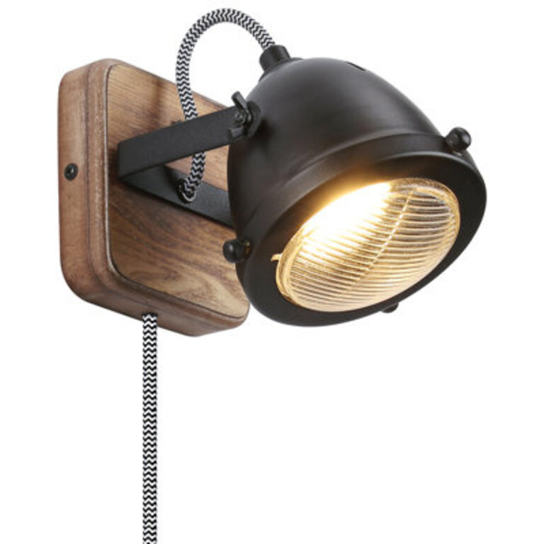 Industrial Black Wood Vintage Plug In Wall Lamp Gu10 Bulb-Antique Retro Glass Shade Metal Spotlight