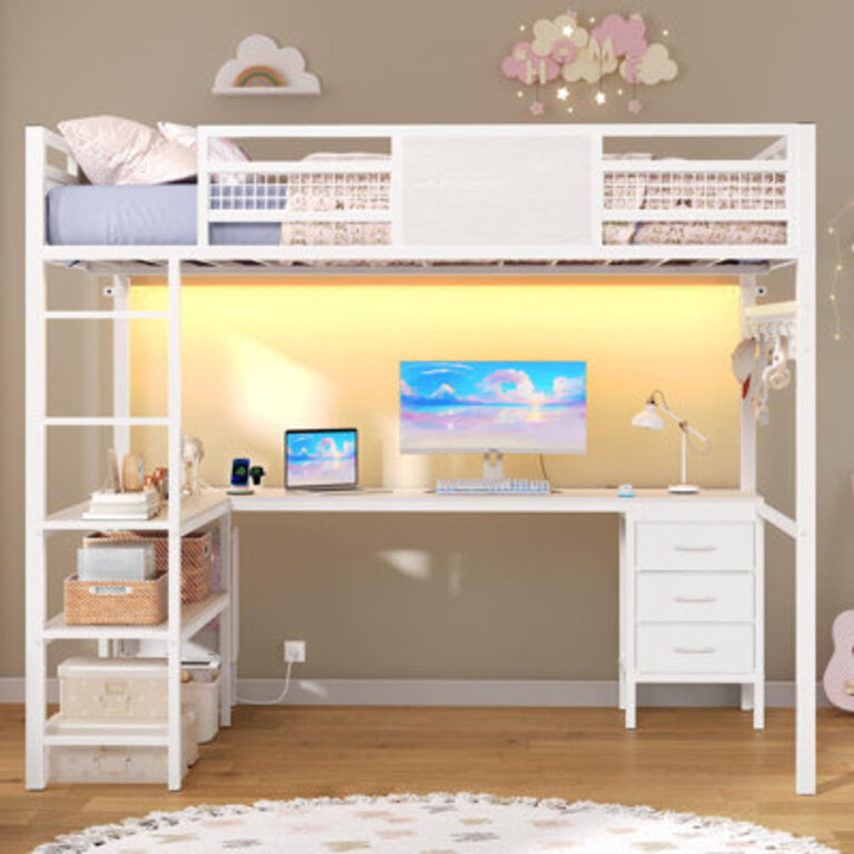 Loft Bed With L-shaped Desk Bed Frame With Led Lights  Charging Sation 3 Fabric Drawers