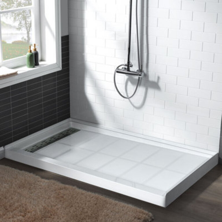 60 W x 34 D Solid Surface Single Threshold Shower Pan Base with Drain Assembly  Drain Cover Included Non-Slip