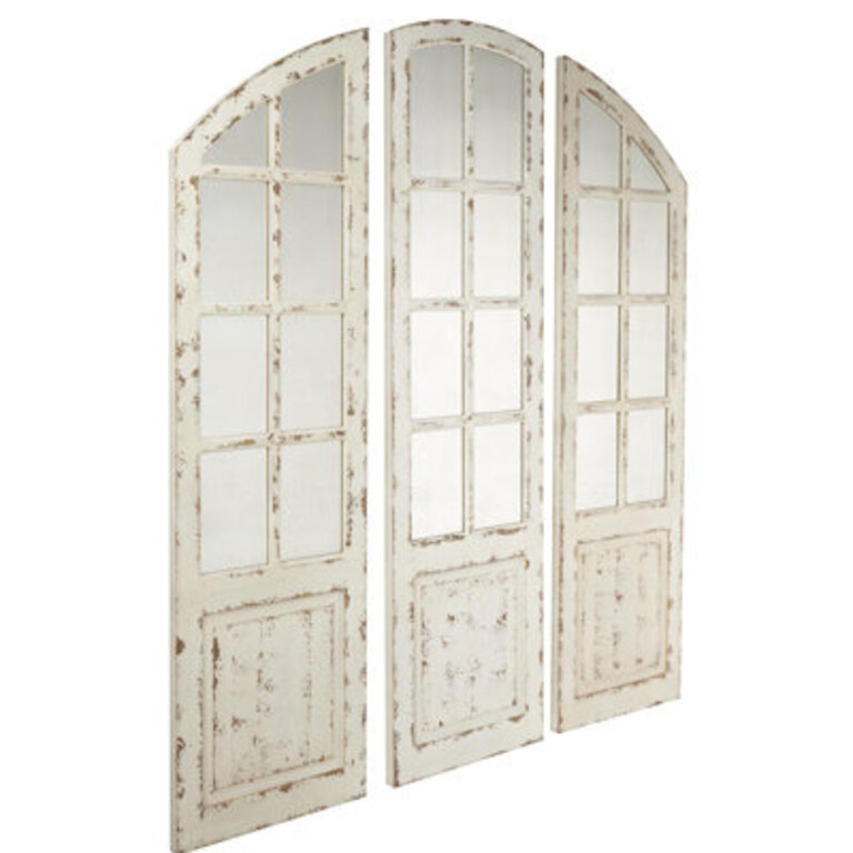 Wood Window Pane Inspired Room Wall Mirror with Arched Top and Distressing