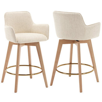 Lovetro Swivel Full Back Arms Upholstered 258H Counter Stool with Solid Rubberwood Frame and Gold Footrest