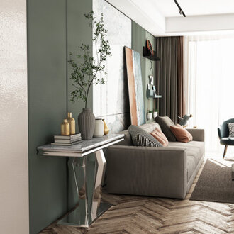 Silver Console Table With Geometric Mirrored Steel Base For Living Room