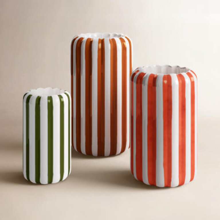 SET OF THREE CERAMIC VASES WITH VERTICAL STRIPES - ONE EACH COLOR