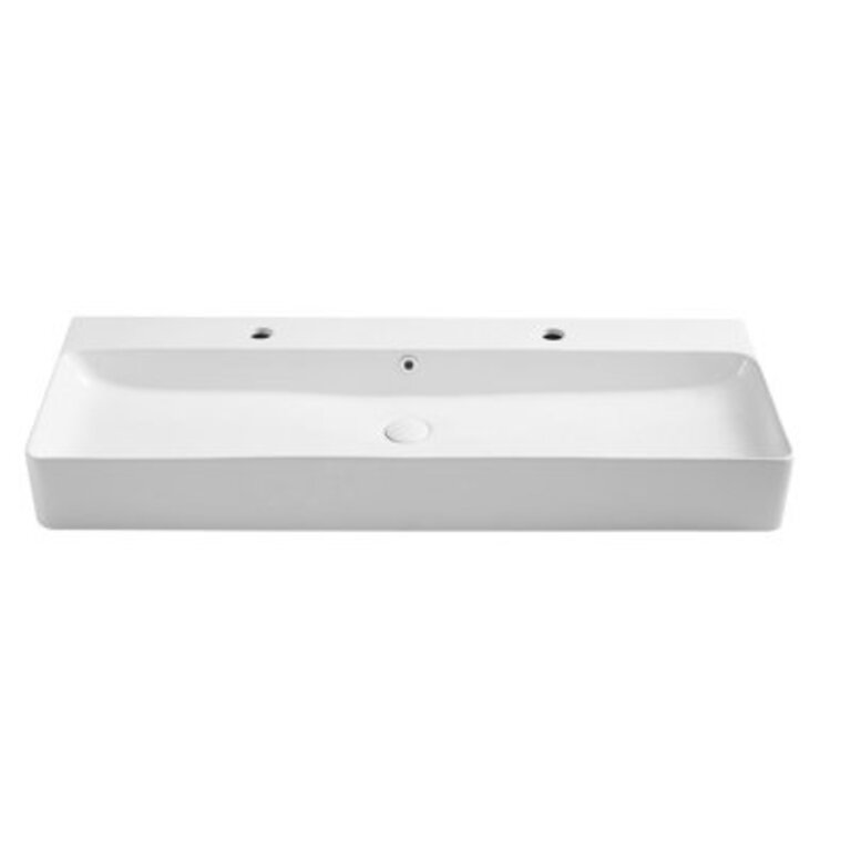Turner 43 W White Ceramic Rectangular Wall MountVessel Bathroom Sink with Two Faucet Holes