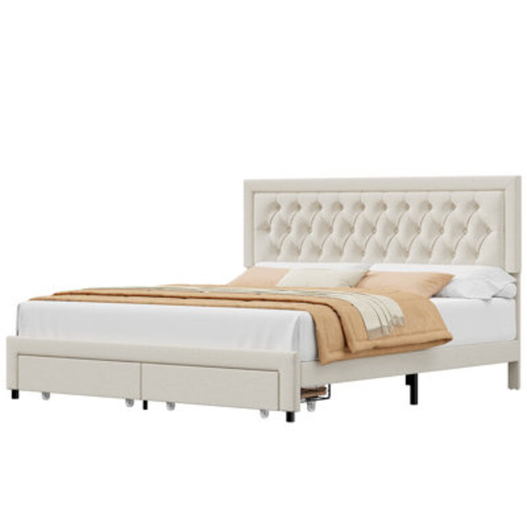 Binghamton Upholstered Platform Bed With 2 Storage Drawers Wood Storage Bed Frame With Adjustable Headboard