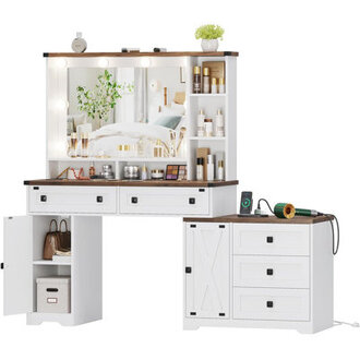 565 Makeup Vanity Desk With Hollywood Makeup Mirror Farmhouse White Vanity With Charging Station Large Vanity Table With Open Shelves  5 Drawers  2 Cabinets For Bedroom Lights Adjustable