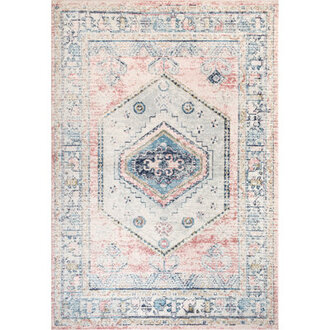 Hiott Faded Vintage Medallion Machine Woven  Power Loomed Performance Light PinkBlue Rug