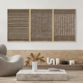 Geometric Line " No Texture Print - Grunge Greenish Brown Line Art, Abstract Neutral Artwork, Framed 3 Pieces Wall Art - Giclee Canvas Digital Print "