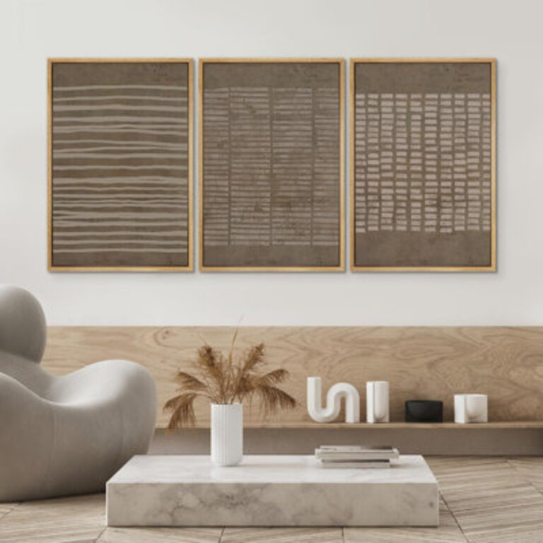 Geometric Line " No Texture Print - Grunge Greenish Brown Line Art, Abstract Neutral Artwork, Framed 3 Pieces Wall Art - Giclee Canvas Digital Print "