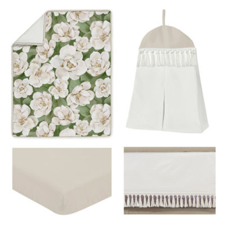 Sage Green and Ivory Watercolor Magnolia 4 Piece Crib Bedding Set by Sweet Jojo Designs