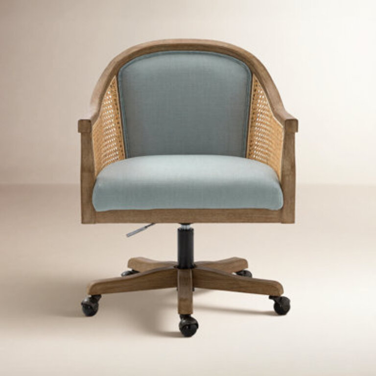 Ackeron Farmhouse Rattan Upholstered Office Task Chair with Solid Wood Arms and Base