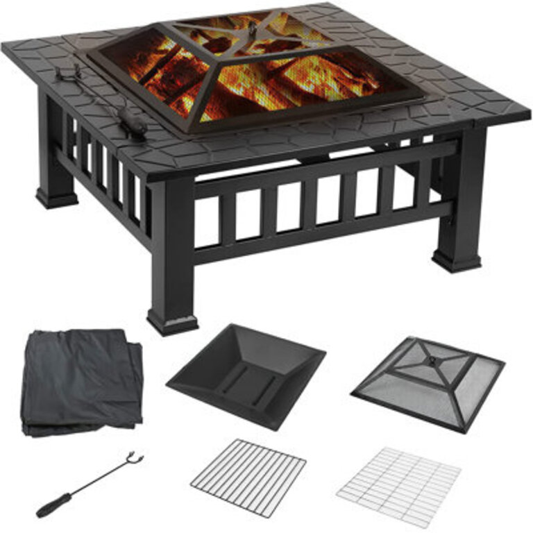 32 Patio Outdoor Wood Burning Fireplace Metal Bonfire Square Fire Pit with Spark Screen Log Grill Grate Poker 600D Cloth Cover